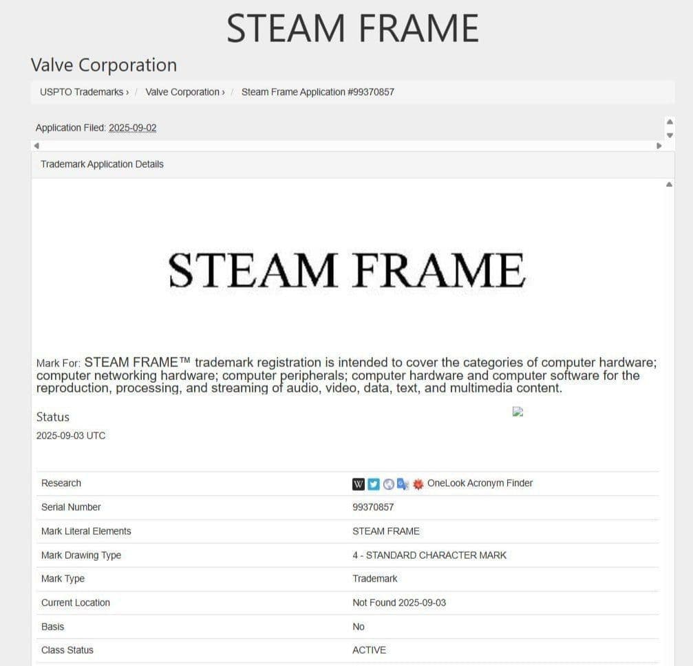 Valve зарегистрировала новый торговый знак Steam Frame: возможный мини-ПК на базе SteamOS