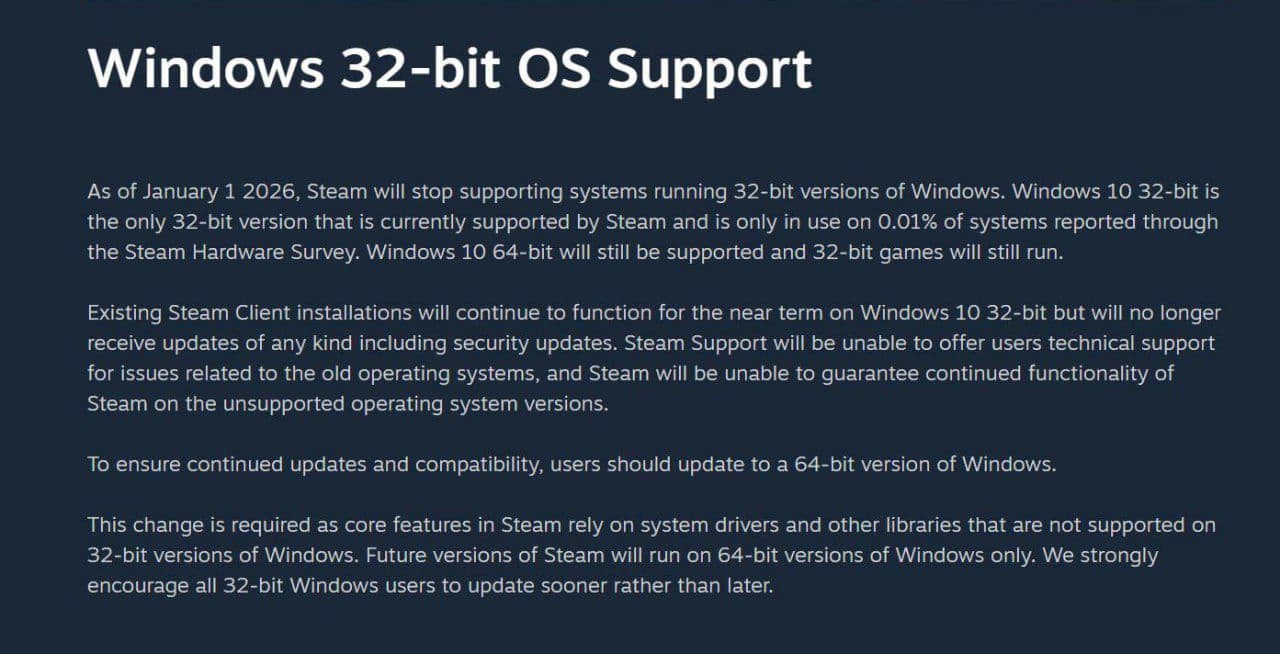 Steam прекращает поддержку 32-разрядной Windows 10 с 1 января 2026 года