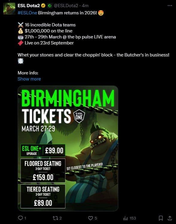 ESL анонсировали возвращение ESL One Birmingham с призовым фондом в миллион долларов