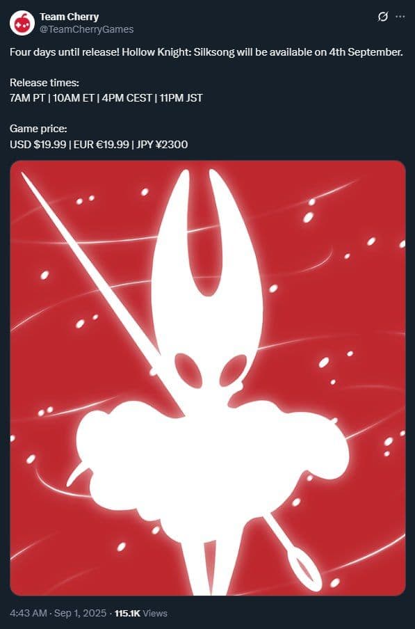 Hollow Knight: Silksong выйдет 4 сентября с ценой в $20 и поддержкой русского языка