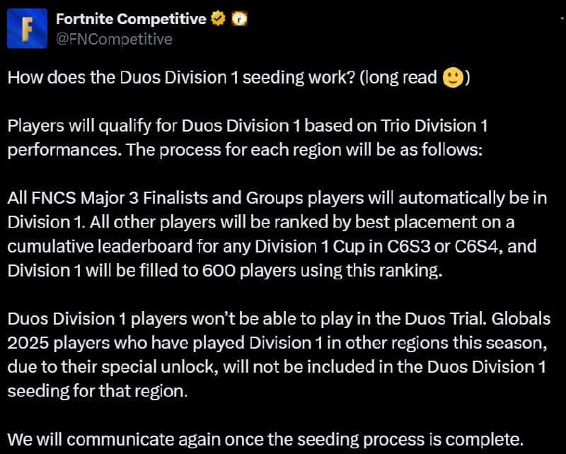 Новые правила посева игроков в Duo Division 1 Fortnite: все, что нужно знать