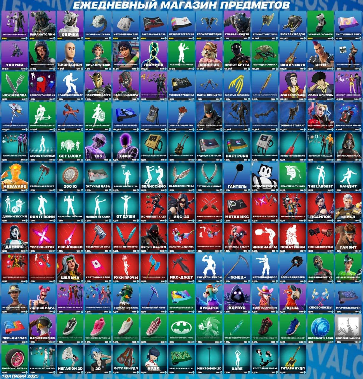 Обновление магазина Fortnite: новые скины и предметы 1 октября 2025 года