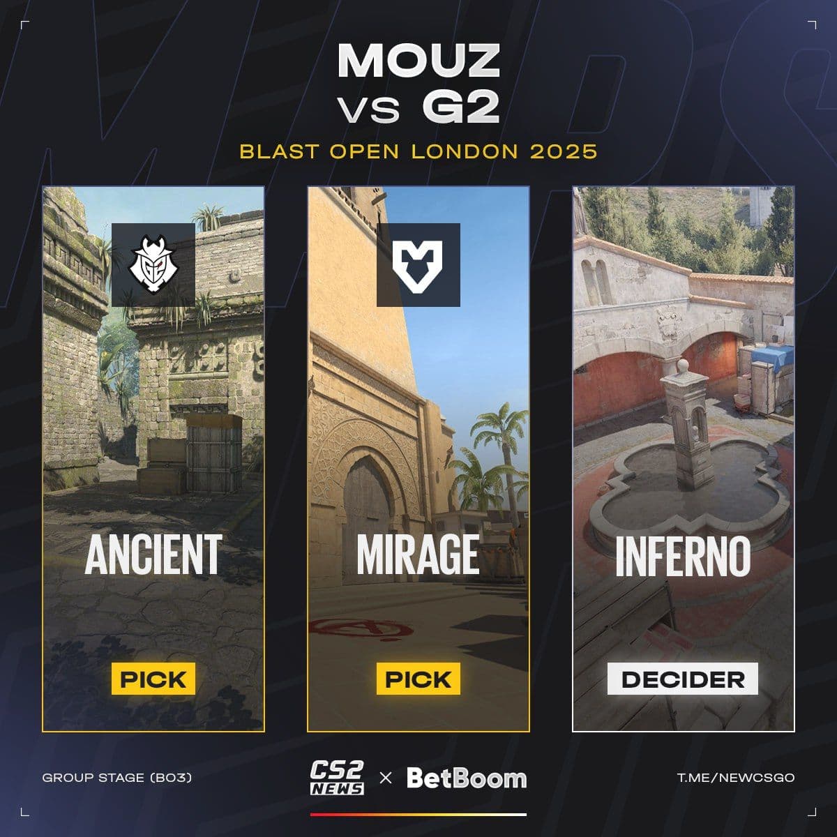 Пики и баны в матче MOUZ vs. G2 за выход на LAN-стадию BLAST London